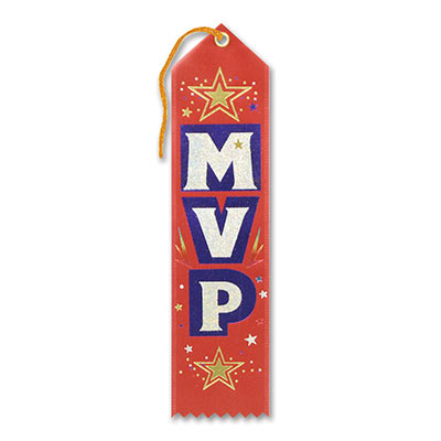 MVP Award Red Ribbon with silver bold lettering outlined in blue and gold stars