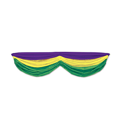 Fabric material bunting with a stripe of purple, yellow and green.