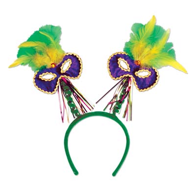 Green headband with boppers of feathers and half masks with traditional Mardi Gras colors. 