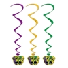 Gold, green and purple metallic whirls with comedy/tragedy faces icons attached to the bottom.
