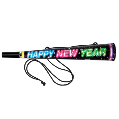 Black Mega Horn with Bright Neon Colors that say Happy New Year 