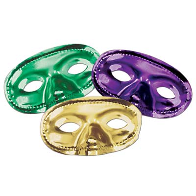 Gold, green and purple metallic mask with stretchable elastic to wear around the eyes.