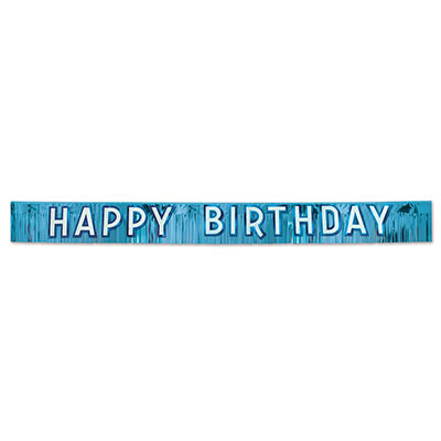 Metallic banner that has a blue background with white "Happy Birthday".