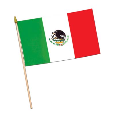 Fabric material Mexican printed flag attached to a wooden stick.