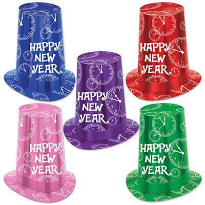 Assorted colored super high hats with printed white clocks and "Happy New Year".