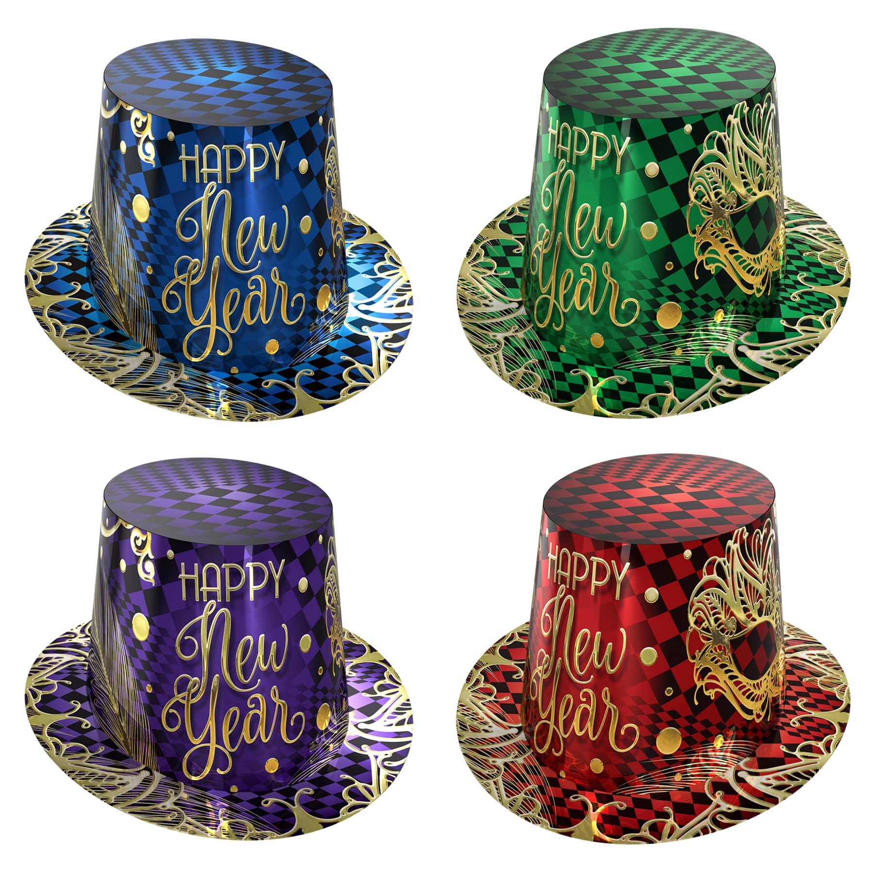 Cardstock hi-hats in red, green, blue and purple with white happy new year lettering and masquerade masks
