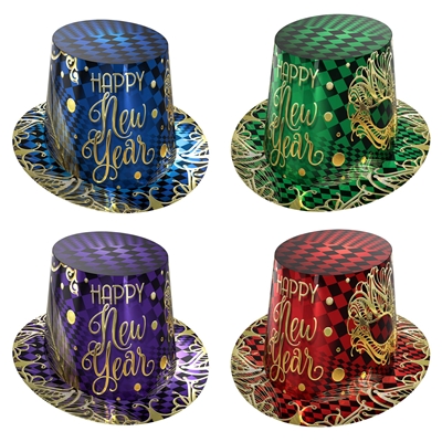 Cardstock hi-hats in red, green, blue and purple with white happy new year lettering and masquerade masks