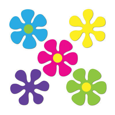 The Mini Retro Flower Cutouts are bright colorful flowers made of card stock material.