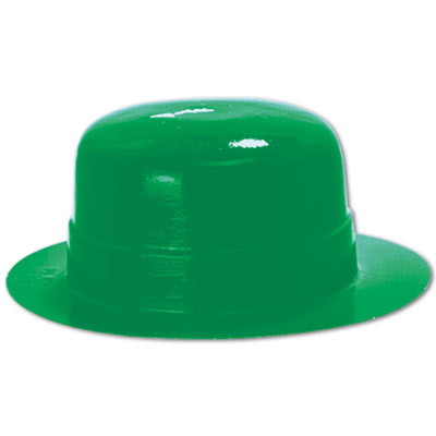 Miniature green derby made of molded plastic material for St. Patrick's Day decoration.