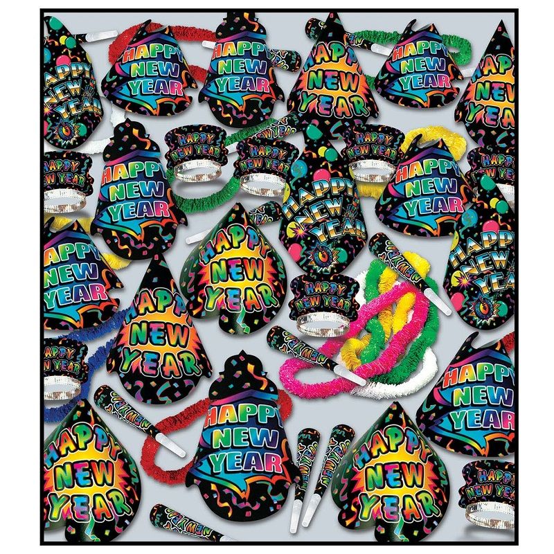 Multi-Colored Grand - New Years Party Kit for 100 New Year’s Eve, New Year’s, party goods, party supplies, party kit, assortment, party hats, party horns, tiaras, leis, bedazzled, shiny, sparkly, for 100, large party, colorful, multi-colored
