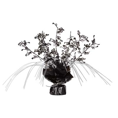 Weighed down black centerpiece with cascading metallic strands and wired music notes