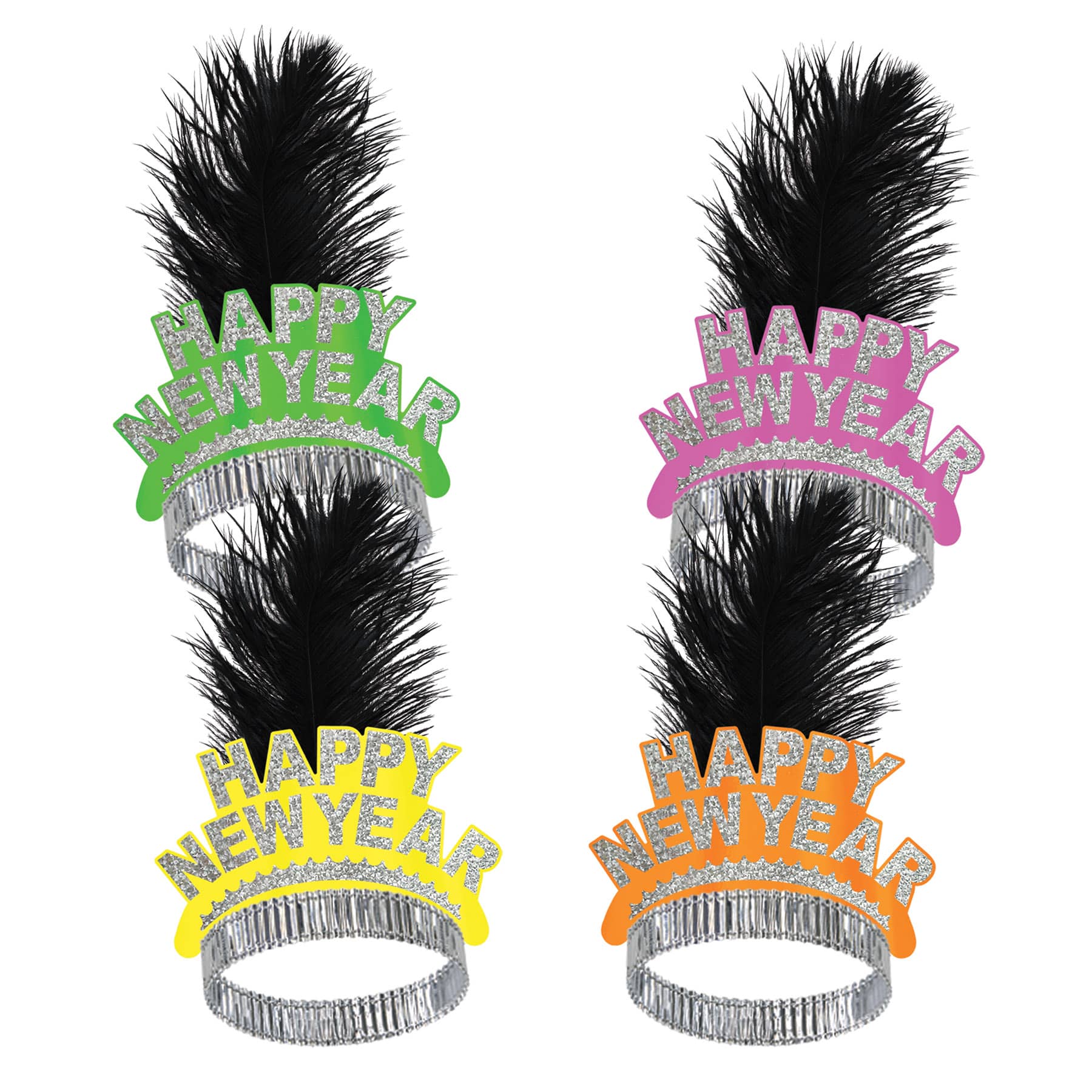 Neon Orange, pink, yellow and green tiaras with silver glitter and a black plume.