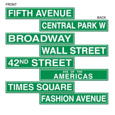 Green street signs of New York on card stock material such as Broadway, Times Square and Fifth Avenue.