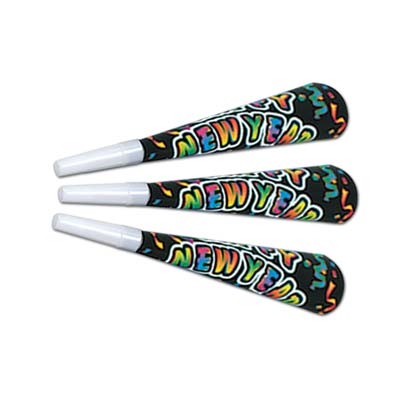 Party horns printed with multi-color confetti look and a "Happy New Year".