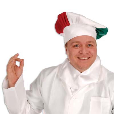 Oversized fabric chefs hat with an Italian look including a red and green printed area to replicate the flag.