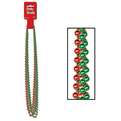 Plastic green and red beads as party favors.