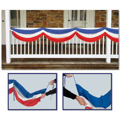 Fabric material bunting with a stripe of blue, white and red.