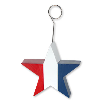 Star balloon weight with metal hook printed red, white and blue stripes.