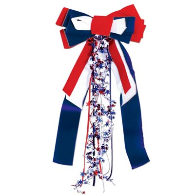 Patriotic fabric bow filled with red, white and blue bow layers and metallic patriotic stars.