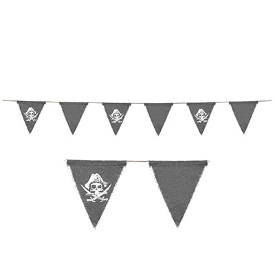 Pennant banner with gray material including a white printed skull and swords. 