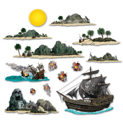 Printed thin plastic material including ships and islands.