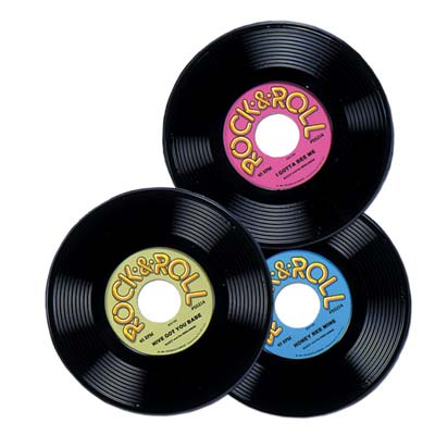 Plastic molded Records with pink, green and blue record labels attached.