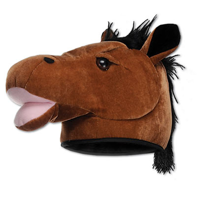 Hat made of plush material to replicate a horse. 