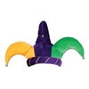 Plush jester hat with colors of gold, purple, and green.