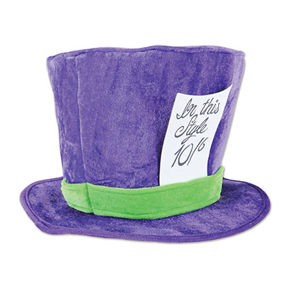 Purple plush top hat that goes great with an Alice in Wonderland event.