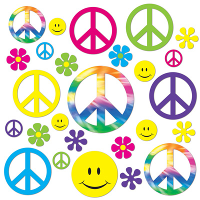 Retro 60s Cutouts of peace signs, smiley faces and flowers.