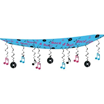 Plastic material to hang from ceiling with blue background and the words "Rock & Roll" with musical whirls dangling from it.