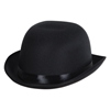 Black derby hat made with satin sleek material.