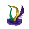 Flapper headband with a sequined band and gold, green and purple feathers. 
