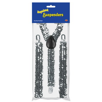 Silver sequined suspenders made of elastic material.