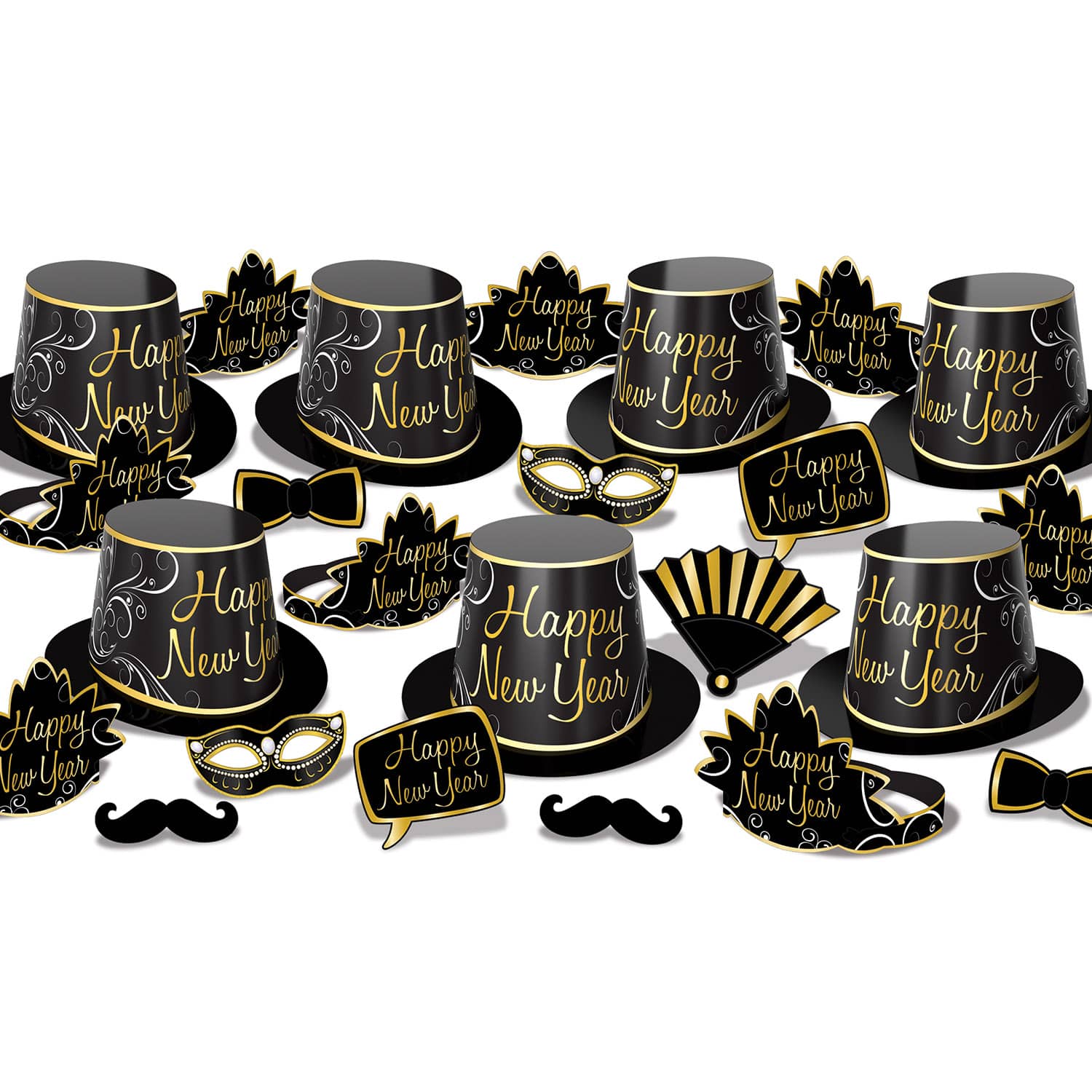 Simply Paper New Year Assortment for 50 - Black & Gold Simply Paper New Year Assortment for 50, 2022, eco friendly, paper product, new years eve, party kit, hat, tiara, photo fun signs, wholesale, inexpensive, bulk, party favor