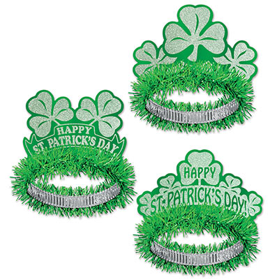 Shamrock St. Patricks Day tiara with glittered designs and green fringe.