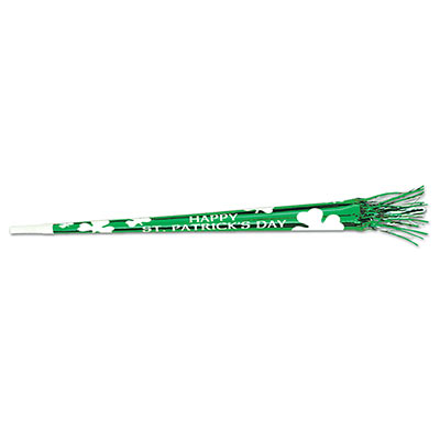 Foil green horn with green tassels reads "Happy St. Patricks Day" in white with shamrocks.