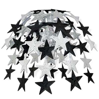 Star cascade ceiling decoration overflowing with black and silver stars.