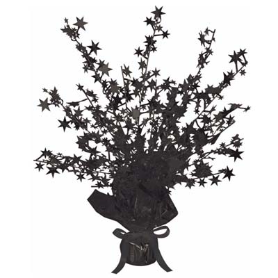 Metallic centerpiece with is bursting with black stars and weighted bottom.