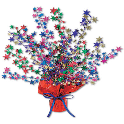 Metallic centerpiece with is bursting with multi-color stars and weighted bottom.
