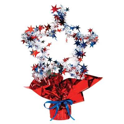 Metallic wired table centerpiece molded into the shape of a star and wrapped in patriotic colored star embelishments. 