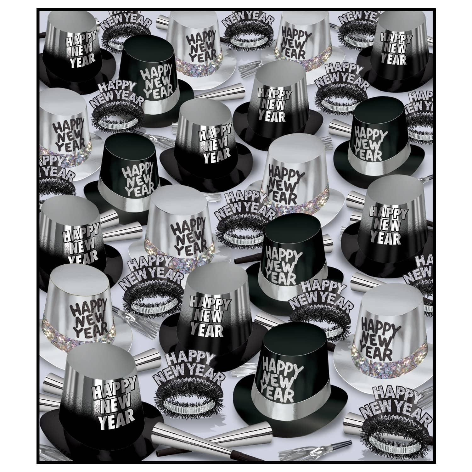 The Great New Year Assortment for 300 - Silver/Black New Years, New Years Eve, party supplies, party kits, assortment, colorful, multi-colored, party hats, party horns, tiaras, for 300