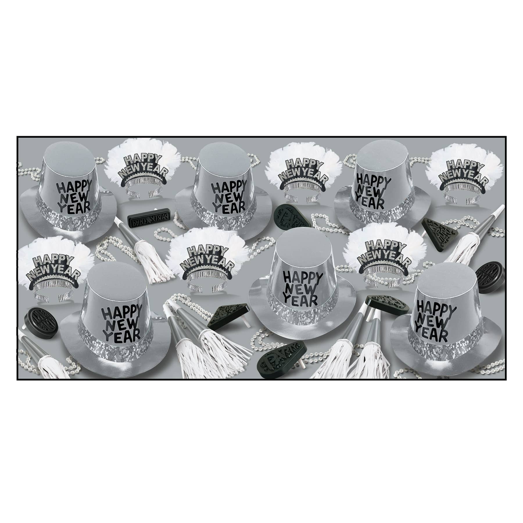 Silver New Years Eve party kit for 50 people with top hats, horns, tiaras, and noisemakers
