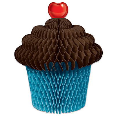 Tissue Cupcake Centerpiece with a blue bottom and brown topping including a cherry.