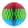 Tri-Color Tissue Ball with cerise at the top, green in the middle and blue on the bottom.
