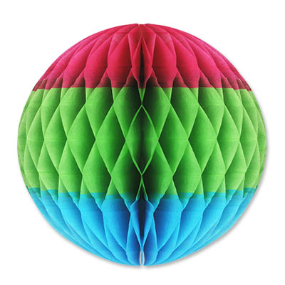 Tri-Color Tissue Ball with cerise at the top, green in the middle and blue on the bottom.