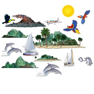 Tropical Cruise Props of dolphins, sail boats, parrots, and more printed on thin plastic material.