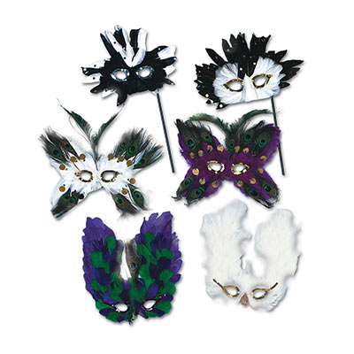Beautiful black and white, green and blue, and green and purple feathered masks of assorted designs.