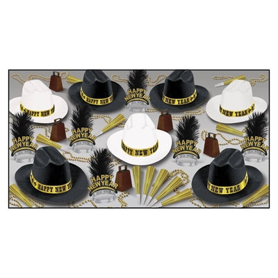 Western themed new year's eve party kits with black and white cowboy hats