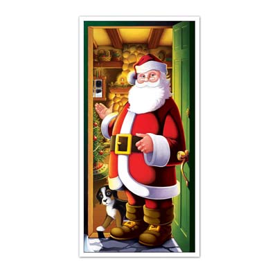 Christmas door cover with Santa standing in a doorway motioning for you to enter into his workshop